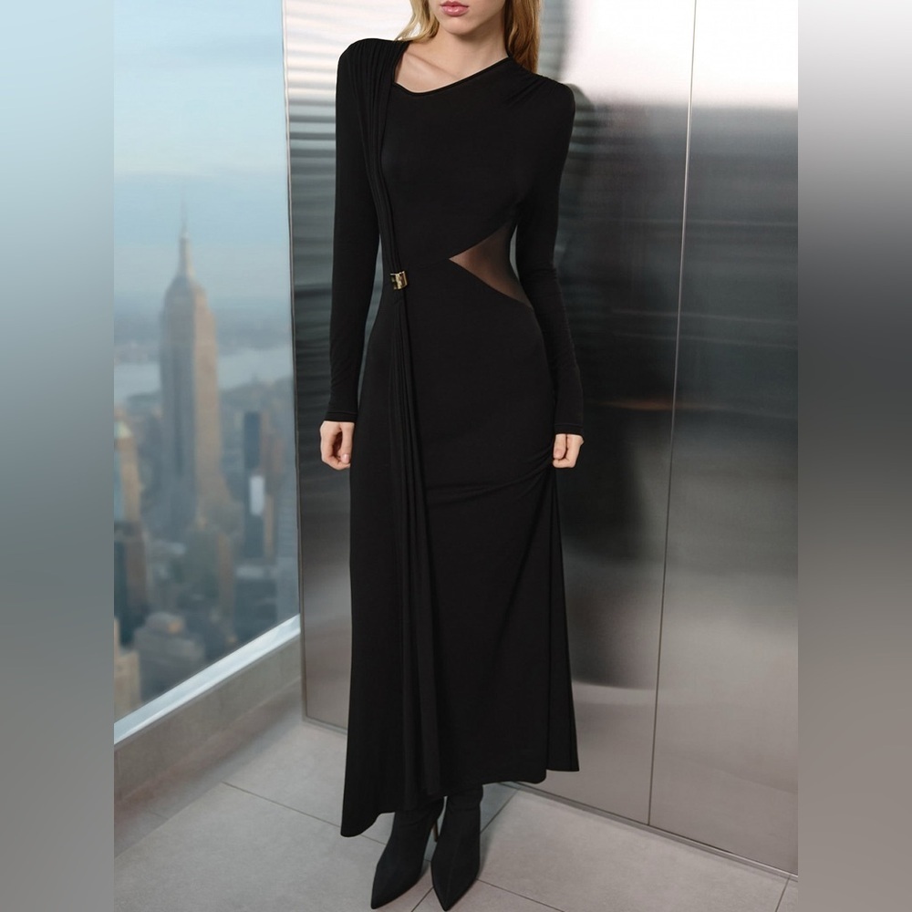 Long Sleeve Maxi Dress with Sheer Panel